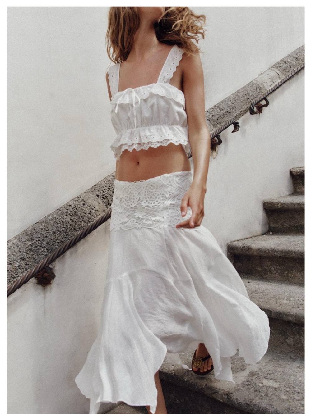 Zara Boho Embroided White Lace-Trim Eyelet Crop Top & High-Low Midi Skirt - Picture 2 of 6